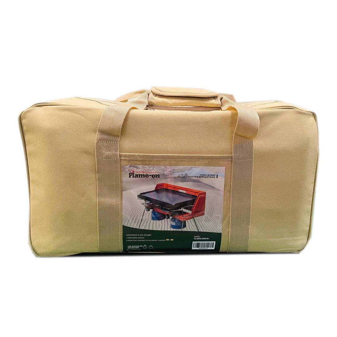 Flame-On 2-Burner Foldable Gas Stove W/Grill Plate & BagOutdoorFlame-On 2-Burner Foldable Gas Stove W/Grill Plate & Bag is ideal for kitchen, outdoor camping, hiking, backpacking and more Gas stove features a rust proof aluminium burner Stove comes with g